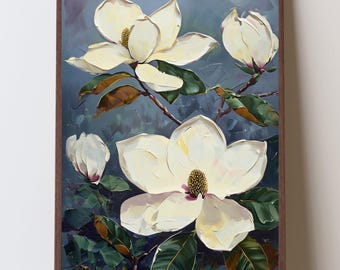 Lámina decorativa de magnolia de Mississippi, pintura de flor de magnolia del sur, flor estatal de Mississippi, flor estatal de Louisiana, arte para el hogar del sur.