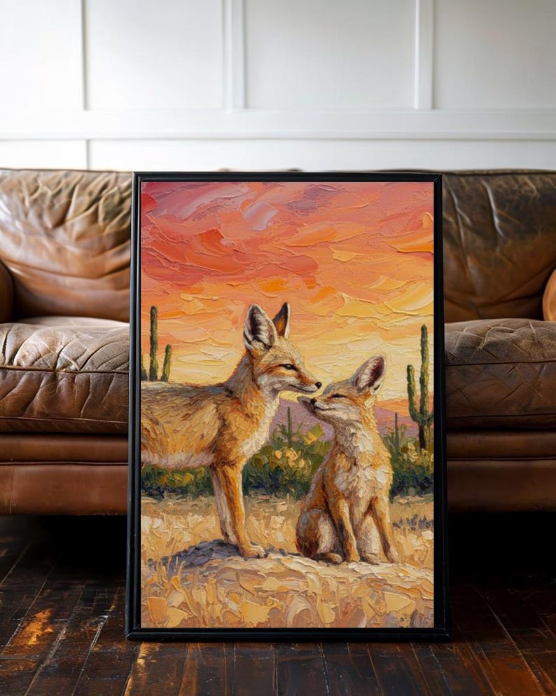 May include: A framed oil painting featuring two foxes in a desert landscape at sunset. The scene depicts one fox standing and one sitting on rocky ground, surrounded by saguaro cacti. The sky is painted in vibrant shades of orange, pink, and yellow.