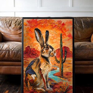 Puede incluir: Una impresi&oacute;n art&iacute;stica enmarcada que presenta una pintura al &oacute;leo de una liebre en un paisaje des&eacute;rtico. La escena incluye un cactus saguaro alto, formaciones rocosas rojas y un arroyo azul bajo un cielo de atardecer naranja y rojo.