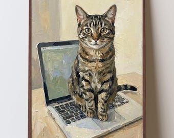 Tabby Cat on Laptop Art Print, Funny Cat Mom Gift, Naughty Cat Gift, Cat Lover Gift