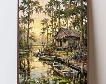 Bayou Cajun Fishing Camp Art Print, Louisiana Swamp Decor, Cypress Bayou Landscape, Acadiana Camp Artwork