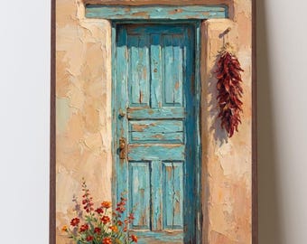 Santa Fe Adobe Blue Door Wall Art, New Mexico Home Decor Print, Chili Ristra Art, Southwestern Doorway Decor