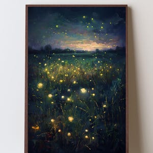 Fireflies Summer Night Art Print, Lightning Bugs Meadow Landscape, American Summer Decor, Country Twilight Print