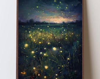 Fireflies Summer Night Art Print, Lightning Bugs Meadow Landscape, American Summer Decor, Country Twilight Print