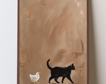 Estampa de Gato Preto com Galinha Branca, Arte Minimalista Neutra, Arte de Parede Original, Amigos Animais, Decoração Rústica, Arte Popular Animal