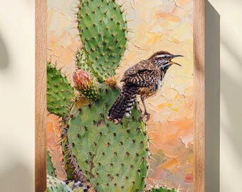 Cactus Wren Art, Arizona Desert Bird Art Print, Sonoran Wildlife Print, Southwestern Home Decor, Prickly Pear Art Print with Bird