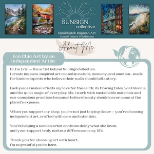 May include: An informational graphic for SunSign Collective featuring four impasto art prints of a mountain lake, a covered bridge, a city bridge, and a coastal beach. The text includes the shop name, About Me, and a personal artist statement.