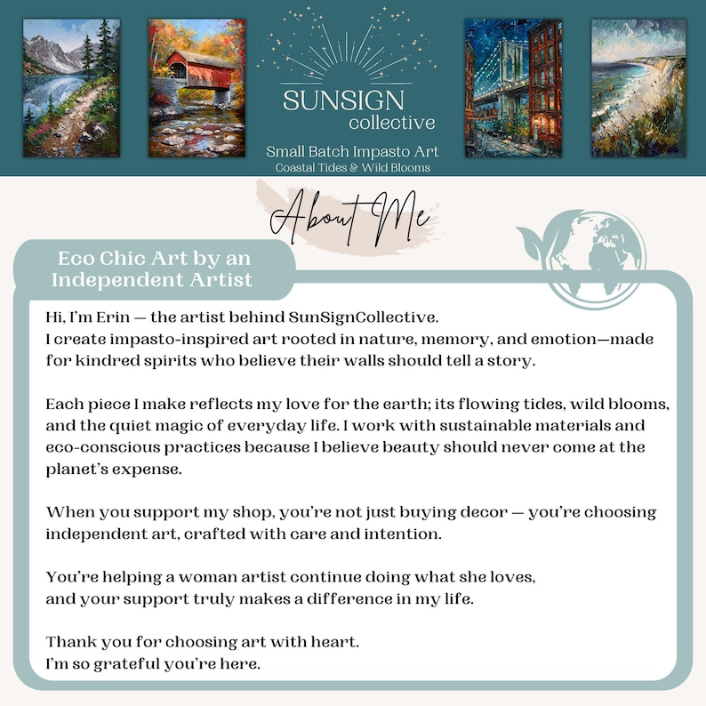 May include: An informational graphic for SunSign Collective featuring four impasto art prints of a mountain lake, a covered bridge, a city bridge, and a coastal beach. The text includes the shop name, About Me, and a personal artist statement.