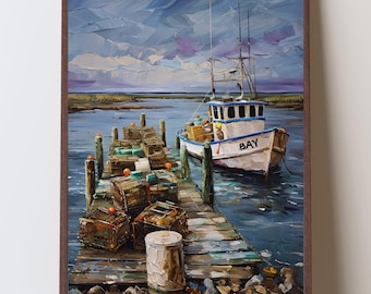 Barco cangrejero de Maryland en la bahía de Chesapeake, arte mural costero para cocina, decoración vintage de Annapolis, obra de arte de muelle de Maryland