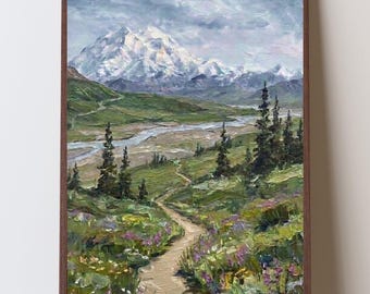 Stampa artistica impressionista del Parco Nazionale di Denali, Quadro da parete del sentiero escursionistico di Denali, Opera d'arte del fiume Savage, Stampa artistica della natura selvaggia dell'Alaska