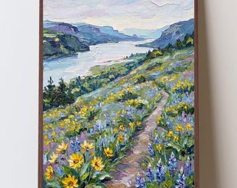 Stampa artistica impressionista della gola del fiume Columbia, sentiero di Dog Mountain, paesaggio fiorito di Washington, arredamento per la casa del Pacifico nord-occidentale