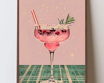 Lámina imprimible de cóctel navideño de mediados de siglo, decoración retro rosa para bar, arte mural de martini de menta, descarga digital de cóctel navideño