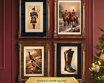 Highland Estate Christmas Decor Inspired by Ralph Lauren Style, Fox Hunt Print, Equestrian Old Money Digital Download (Set of 6)