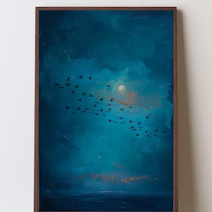 May include: An abstract painting in a dark wooden frame. The artwork depicts a flock of birds in silhouette flying across a teal blue sky with a full moon. The painting has a textured, brushstroke effect, with hints of gold and orange.