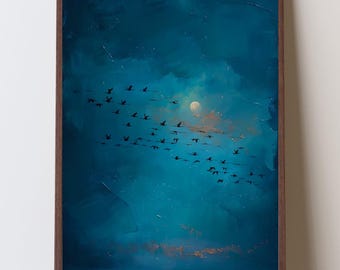 Stampa artistica minimalista "Migrazione al chiaro di luna", quadro da parete con uccelli in volo nel cielo notturno, paesaggio astratto blu malinconico, arredamento moderno rilassante.
