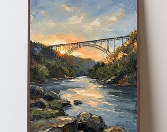 New River Gorge Bridge West Virginia Art, Appalachian Mountain Home Artwork, River Valley Sunrise