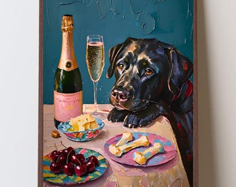 Black Lab and Champagne Funny Kitchen Art Print, Champagne Problems Bar Cart Art