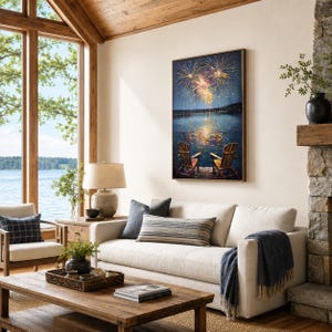 Lake Winnipesaukee Fireworks Art Print, Lake Life, New Hampshire Lake Night Painting, Summer Lake House Wall Decor image 2