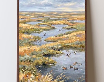 Prairie Pothole Region Impressionist Art Print, North Dakota Wetlands, Ducks & Sandhill Cranes