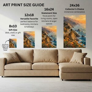 May include: An art print size guide displays various print sizes: 8x10, 12x18, 16x24, and 24x36 inches. Each size is accompanied by descriptive text, such as "Gift Size" for 8x10 and "Collector's Choice" for 24x36. The prints feature a coastal landscape.