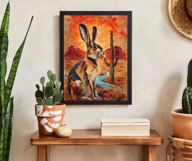 Puede incluir: Una impresi&oacute;n art&iacute;stica enmarcada que presenta una pintura al &oacute;leo de una liebre en un paisaje des&eacute;rtico. La escena incluye un cactus saguaro alto, formaciones rocosas rojas y un arroyo azul bajo un cielo de atardecer naranja y rojo.