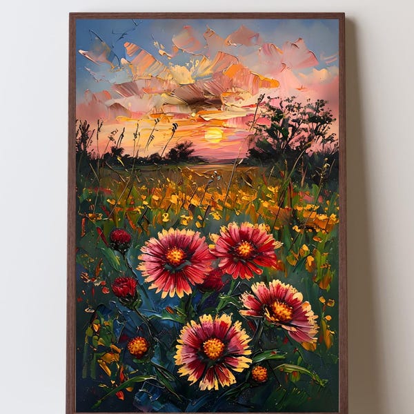 Kunst mit Motiven der Oklahoma Indian Blanket Flower, einheimischen Prärieblumen Oklahomas, Sonnenuntergangsmotiven aus Oklahoma, Wandbildern mit der Staatsblume Oklahomas