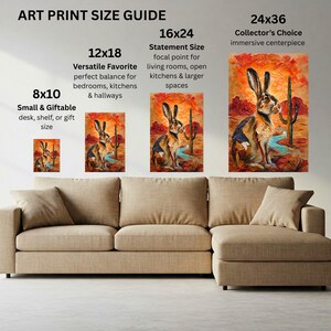 Puede incluir: Una gu&iacute;a de tama&ntilde;os de impresiones art&iacute;sticas que muestra cuatro variantes de una pintura de conejo del desierto en 20x25 cm, 30x46 cm, 41x61 cm y 61x91 cm. La obra presenta un conejo marr&oacute;n en un paisaje des&eacute;rtico con cactus, un arroyo azul y cielo naranja.