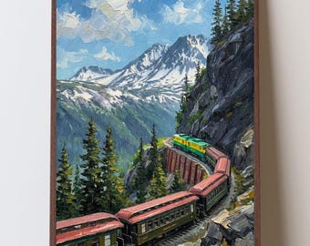 Skagway Alaska Impressionist Art Print, White Pass Railway Wall Art, Alaska Train & Coast Mountains Painting