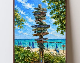 Key West Signpost Beach Wall Art, Florida Keys Coastal Decor, Key West Directional Sign Painting, Tropical Beach Print, Florida Travel Art