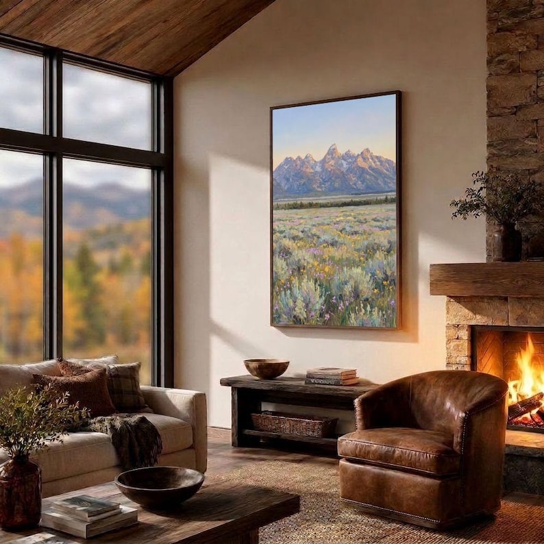 May include: A vertical rectangular wall art print depicting a mountain range with snow-capped peaks rising above a vast field of sagebrush and wildflowers. The painting features soft morning light, muted green tones, and purple floral accents.