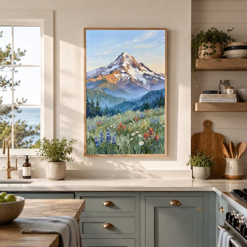 Pu&ograve; includere: Un dipinto a olio incorniciato verticalmente che raffigura una cima di montagna innevata che sovrasta una fitta foresta e un prato vivace pieno di fiori selvatici colorati, tra cui lupini blu e pennelli indiani sotto un cielo tenue.