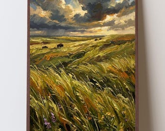 Oklahoma Tallgrass Prairie Art Print, Bison Prairie Landscape Wall Art, Great Plains Grassland Painting, Flint Hills Inspired Western Decor