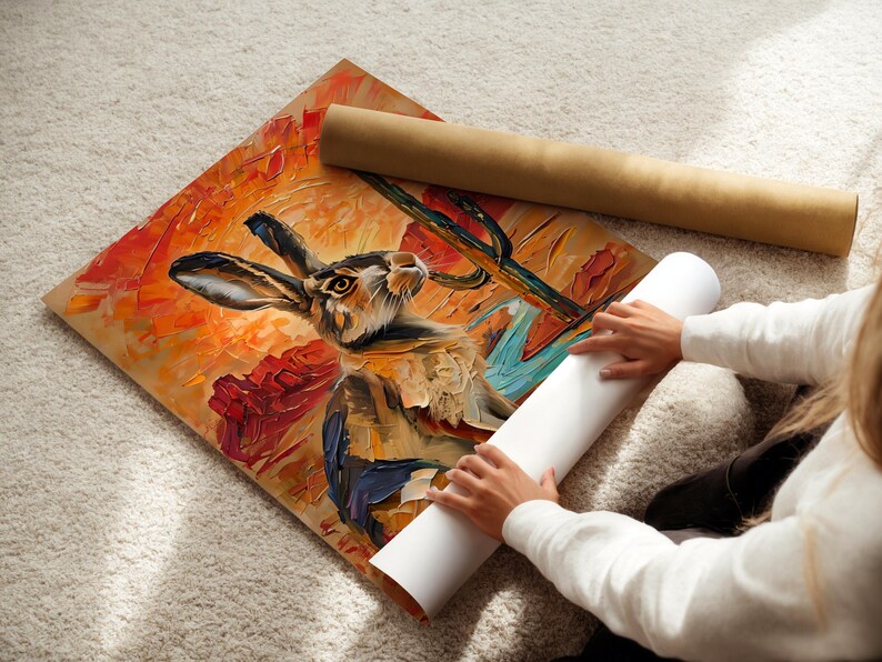 Puede incluir: Una impresi&oacute;n art&iacute;stica cuadrada que presenta una pintura al &oacute;leo de una liebre en un paisaje des&eacute;rtico con un cactus. La obra utiliza pinceladas gruesas y texturizadas en tonos vibrantes de naranja, rojo y azul. Un tubo de env&iacute;o de cart&oacute;n marr&oacute;n se encuentra cerca.