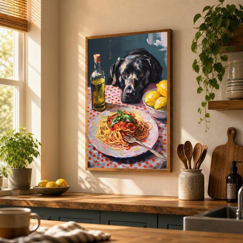 Pode incluir: Pintura emoldurada que retrata um c&atilde;o preto olhando para um prato de espaguete com molho de tomate e manjeric&atilde;o. Uma garrafa de azeite e uma tigela de lim&otilde;es tamb&eacute;m est&atilde;o sobre a mesa. A mesa &eacute; coberta por uma toalha de mesa de bolinhas vermelhas e brancas.