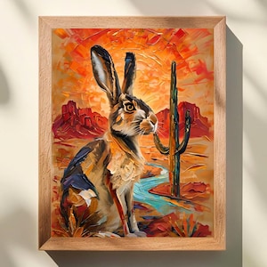 Puede incluir: Una impresi&oacute;n art&iacute;stica enmarcada con una pintura al estilo empastado de una liebre en un paisaje des&eacute;rtico. La escena incluye un cactus saguaro alto, un arroyo azul serpenteante y formaciones rocosas rojas bajo un sol naranja vibrante.