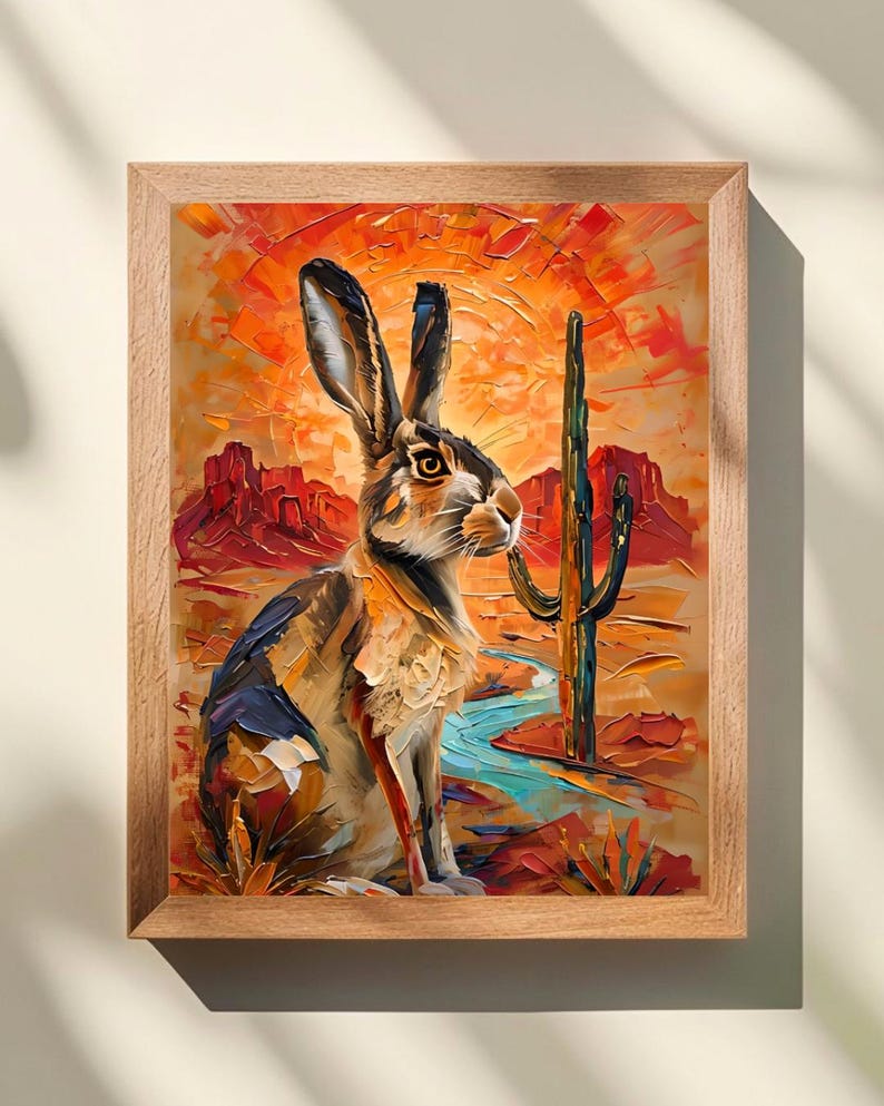 Puede incluir: Una impresi&oacute;n art&iacute;stica enmarcada con una pintura al estilo empastado de una liebre en un paisaje des&eacute;rtico. La escena incluye un cactus saguaro alto, un arroyo azul serpenteante y formaciones rocosas rojas bajo un sol naranja vibrante.
