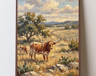 Texas Longhorn Wall Art, Hill Country Ranch Print, Western Cow Decor, Texas Landscape Art