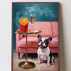 May include: A framed art print shows a French bulldog beside a pink sofa. A small gold table holds a glass of champagne and a red carton of chips. The background is teal.