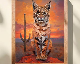 Desert Bobcat Sunset Art Print, Sonoran Desert Landscape, Southwest Animal Decor