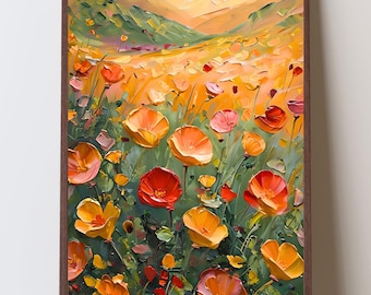California Poppies Art Print, CA Wildflower Meadow Art, August Birth Flower Gift, Cottage Kitchen Decor