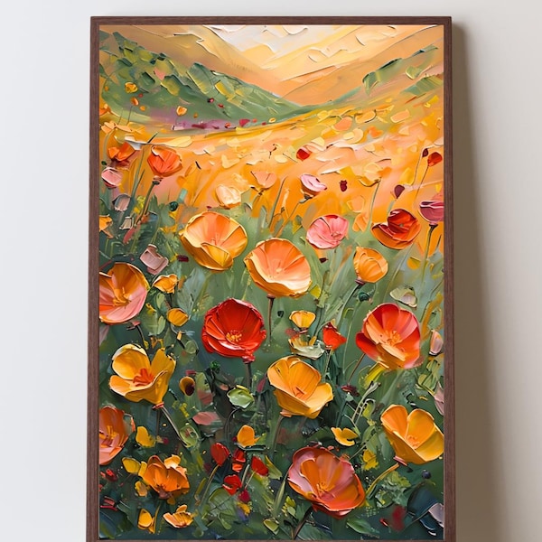 Kunstdruck „Kalifornischer Mohn“, Kunst einer kalifornischen Wildblumenwiese, Geschenkidee für die Geburtsblume im August, Dekoration für die Landhausküche