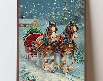 Druckbarer Vintage-Weihnachts-Clydesdale-Schlitten, Winterpferde im Schnee, nostalgische Weihnachtskunst, winterliche Landhausdekoration, digitaler Download