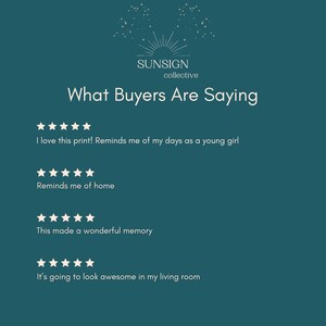 Pode incluir: Gr&aacute;fico turquesa com o texto "SUNSIGN collective" e "What Buyers Are Saying". Abaixo est&atilde;o as avalia&ccedil;&otilde;es dos clientes com classifica&ccedil;&otilde;es de cinco estrelas, incluindo "Eu amo esta impress&atilde;o!" e "Vai ficar incr&iacute;vel na minha sala."