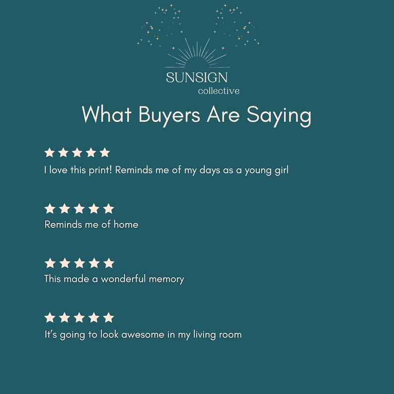 Pode incluir: Gr&aacute;fico turquesa com o texto "SUNSIGN collective" e "What Buyers Are Saying". Abaixo est&atilde;o as avalia&ccedil;&otilde;es dos clientes com classifica&ccedil;&otilde;es de cinco estrelas, incluindo "Eu amo esta impress&atilde;o!" e "Vai ficar incr&iacute;vel na minha sala."