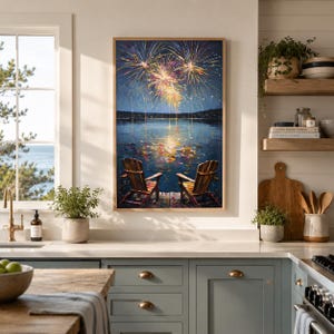 May include: A rectangular wall art print featuring an oil painting of two wooden chairs on a dock overlooking a dark lake at night. Above the water, vibrant yellow, orange, and blue fireworks explode in the sky, reflecting their light onto the lake surface.