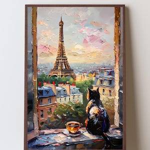 May include: Oil painting of a black and orange cat gazing out a window at the Eiffel Tower in Paris. A cup of coffee sits on the windowsill. The artwork is framed in a dark brown wooden frame.