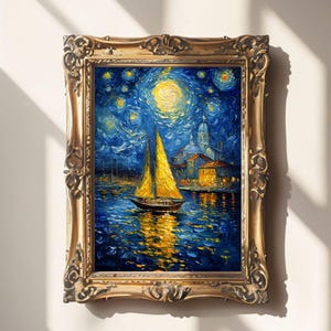 Quadro da parete "Porto di Annapolis di notte" - Regalo per marinai, papà di barche e nonne della costa - Decorazione nautica in stile Van Gogh