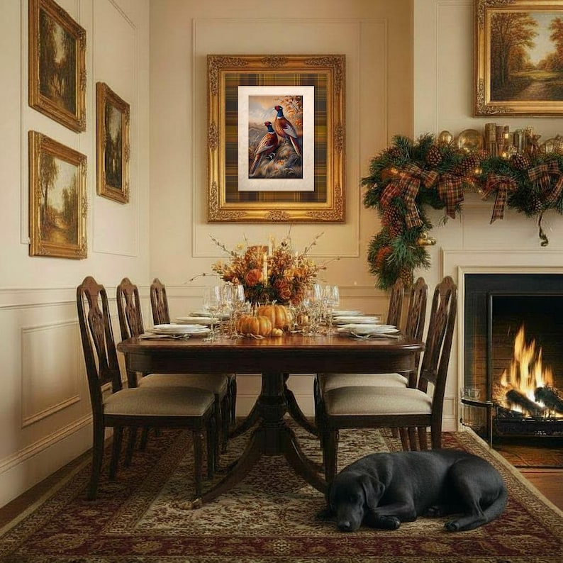 May include: A dining room featuring a wooden table with a centrepiece of pumpkins and dried foliage, surrounded by chairs on a patterned rug. A black dog lies on the floor. A framed print of two pheasants hangs on the wall above the table.