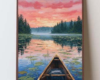 Boundary Waters Canoe Wilderness Art, BWCA Canoe Lake Sunrise, Minnesota Northwoods Paddle Scene, Ely MN Wall Art