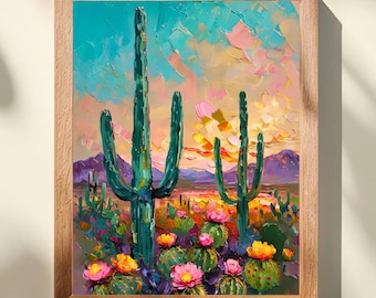 May include: An oil painting in a light wood frame depicting a desert landscape with tall saguaro cacti and blooming prickly pear cacti. The scene features vibrant pink and yellow flowers against a backdrop of purple mountains and a colorful sky.